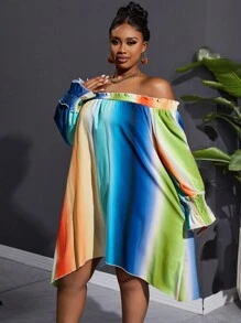 Slaydiva Plus Size Loose Off-Shoulder Flare Sleeve Asymmetrical Hem Short Dress, Rainbow-C, For Vacation & Leisure, Spring And Summer - Multicolor - View 5