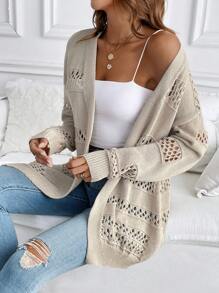 SHEIN LUNE Solid Color Hollow Out Casual Long Sleeve Cardigan - Beige - View 1