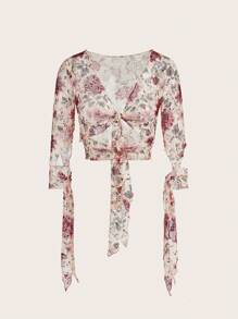 SHEIN ICON Trang phục mùa thu dành cho nữ Đi chơi Dây thắt nút Ren gợi cảm in hoa cài nút - Nhiều màu - Xem 1