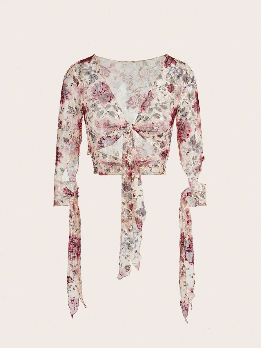 SHEIN ICON Trang phục mùa thu dành cho nữ Đi chơi Dây thắt nút Ren gợi cảm in hoa cài nút - Nhiều màu - Xem 1