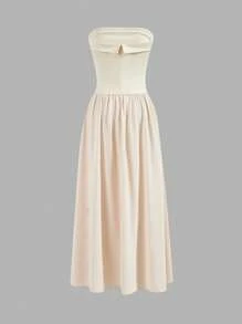 Aloruh Elegant Strapless Tight Weave A-Line Women's Long Dress, Spring And Summer - Apricot - View 2