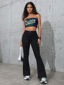 SHEIN PETITE Women Pocket Design Flared Casual Comfy Jeans Pants