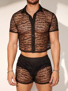 FeverCity Men's Jacquard Mesh Short Sleeve Shirt Set, Suitable For Summer - Black - View 3