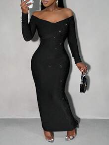 SHEIN SXY Women's Sexy Off-Shoulder Glitter Fitted Dress, Summer