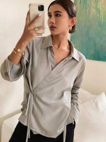 DAZY Women Solid Long Sleeve Lace-Up Asymmetrical Work Blouse - Grey - View 4