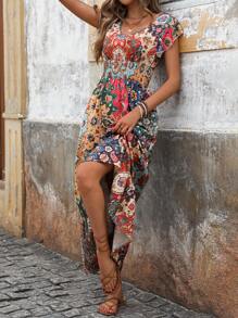 SHEIN LUNE Long Red Floral Print Dress For Women, Summer To Fall - Multicolor - View 3