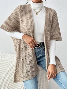 SHEIN LUNE Women Vintage Style Solid Color Hollow-Out Knitted Cardigan Shawl - Khaki - View 5