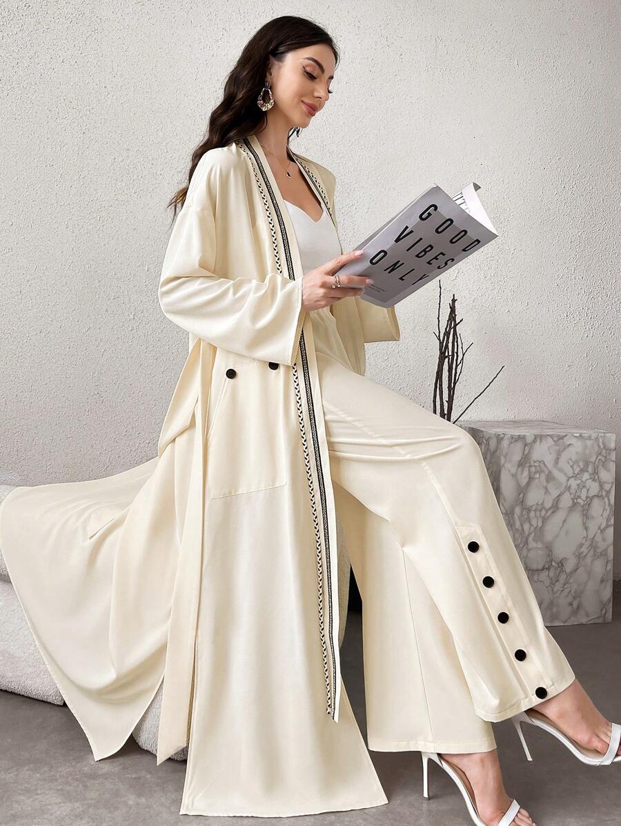 Al Najma 2 件套女士优雅丝带拼布长夹克和裤子套装，春秋季，工作/优雅/休闲/朴素风格，Abaya 套装 2 件套 - 米色 - 查看 1