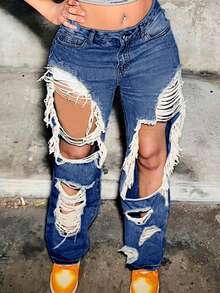 Y2K Street Slant Pocket Distressed Ripped Cut Out Straight Leg Jeans Casual Comfort Denim Pants - Dark Wash - View 3