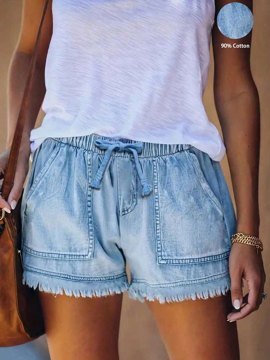 Women's Casual Elasticated Waist Fringe Trim Denim Shorts - Light Wash - View 1