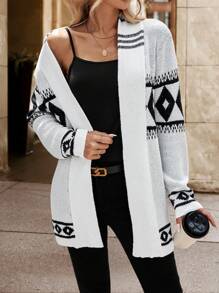 Chiquease Women Casual Geometric Pattern Cardigan, Spring Autumn - Black and White - View 3