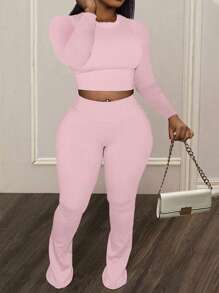 Slaydiva Lässiges Slim-Fit Set in unifarbener Lotus-Rosa Farbe für Große Größen, bestehend aus Rundhals Langarm-Top und hochgezogener Taille Lange Hose, für Herbst/Winter