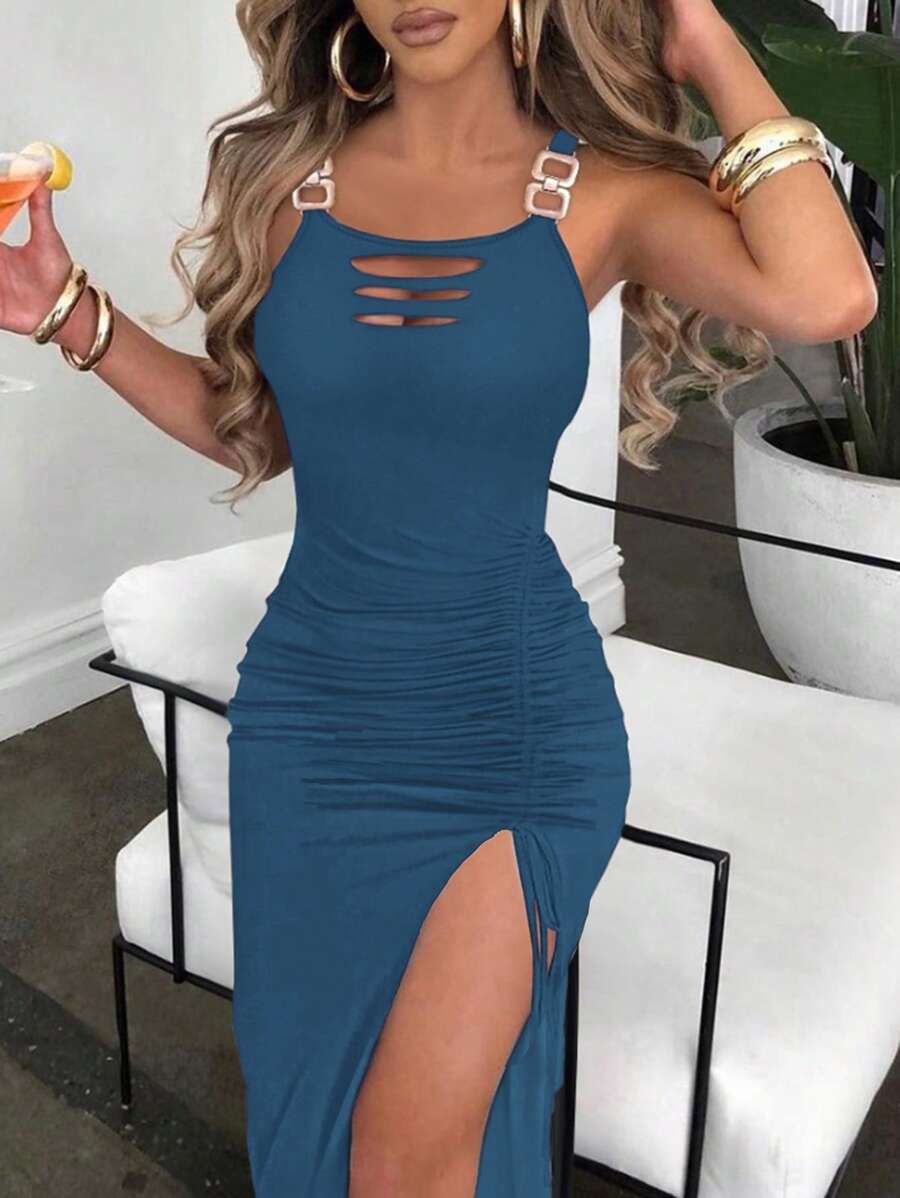 Xyvia Váy hè xẻ tà thanh lịch dành cho nữ, thích hợp cho ngày lễ tình nhân - Màu xanh bụi bặm - Xem 1