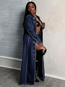 Slaydiva Women Plain Simplistic Long Sleeve Denim Jacket - Medium Wash - View 2