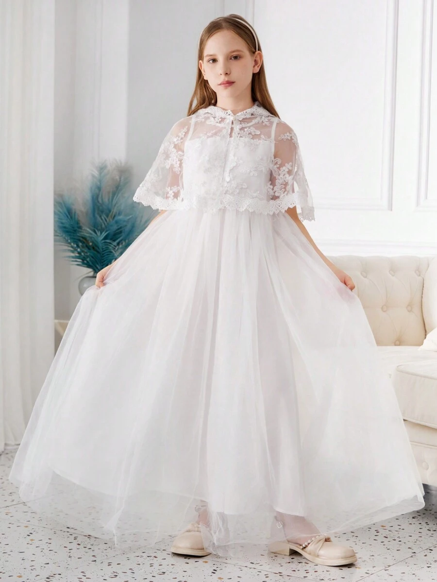 SHEIN DRMZ Tween Girl 女童夏季公主裙、连帽蕾丝边披肩、网眼无袖连衣裙两件套 - 白色 - 查看 1