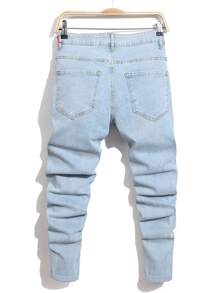 Manfinity Homme 男式破洞修身休闲牛仔裤，带口袋 - 淺色水洗藍 - 查看 2