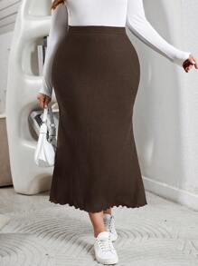 SHEIN Essnce Plus Size Summer And Autumn Casual Slim Fit Comfortable Brown Textured Fabric Elastic Waist Long Skirt,Back To School Clothes,Fall - Coffee Brown - View 3