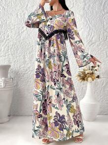 Al Najma Elegante, losse, bescheiden jurk met lange mouwen en willekeurige bloemenprint voor dames