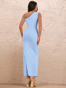 SHEIN BAE Vestido con estampado floral 3D con abertura alta para mujer, hombro asimétrico, unicolor, pliegues y hombro oblicuo sexy, para verano, vacaciones y citas románticas