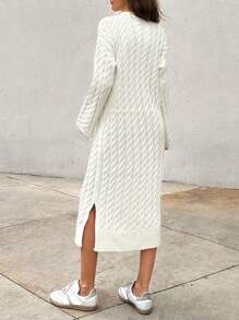 EURMUSE Women's Casual Simple Cable Knit Split Side Long Sweater Dress - White - View 3
