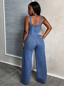 SHEIN Slayr Women's Button Front Wide Leg Casual Jumpsuit With Bib Overalls - Blue - View 3