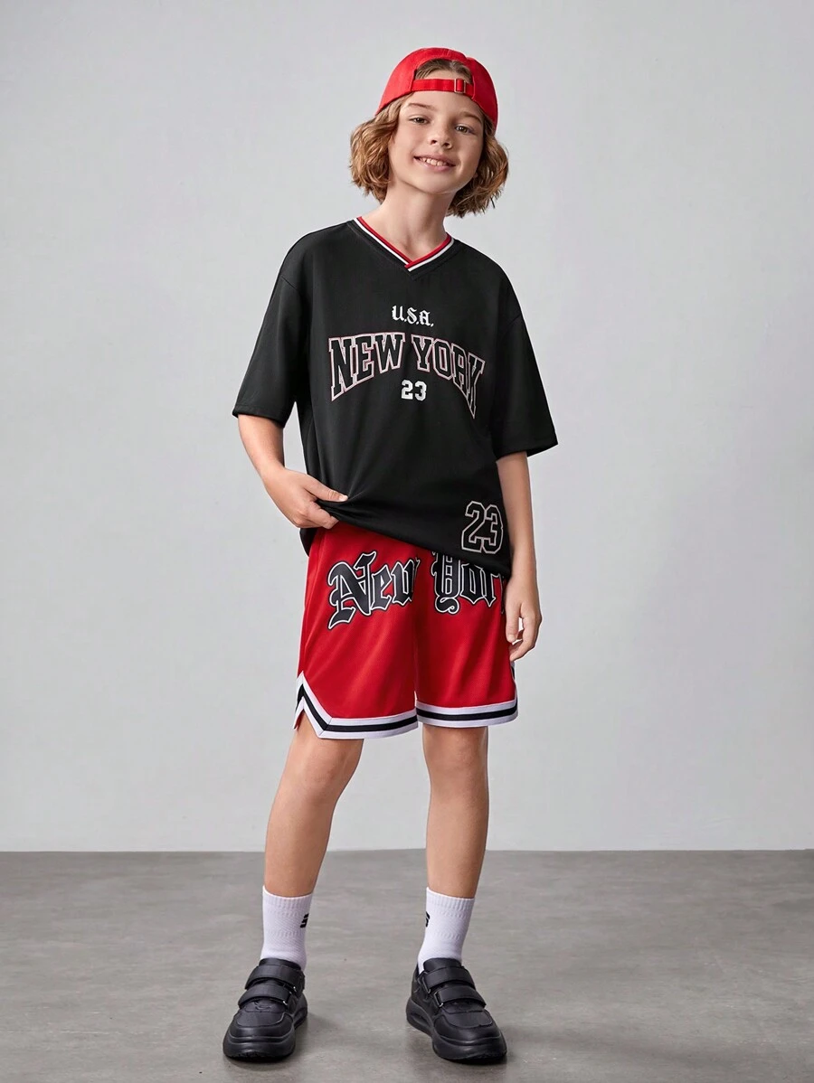 SHEIN 2pcs Tween Boy's Loose Casual Sports Letter Print T-Shirt And Shorts Set - Black - View 1