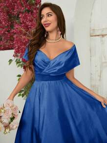 SHEIN Belle Vestido Elegante de Ombro Caído de Cor Sólida - Azul Royal - Visão 4