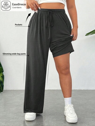 SHEIN EZwear Pantalones rectos y holgados de talle alto de tela nidal de abeja tejida de verano negro para mujeres de talla grande, con función de enfriamiento de seda de hielo, bolsillos, cintura elástica y tela suave antiestática, adecuados para actividades diarias y deportes