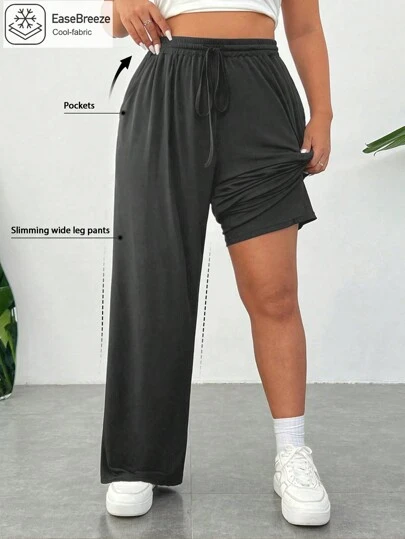 SHEIN EZwear Women's Plus Size Black Summer Knitted Ribbed Fabric High-Waist Straight-Leg Loose Pants With Ice Silk Cooling Function, Pockets, Elastic Waistband & Smooth Anti-Static Fabric, Suitable For Daily Activities And Sports