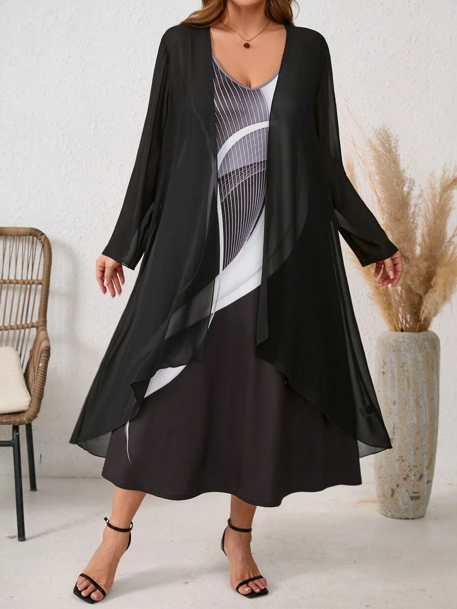 SHEIN LUNE 2pcs Plus Size Women's Printed Long Sleeve Shawl Cardigan And Camisole Dress Set Fall Women Clothes Women Clothing Sets Travel Outfit Airport