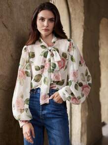 GENKIRA Blusa de gasa con cuello anudado, manga farol y estampado de rosa delicada para mujer - Multicolor - Ver 5