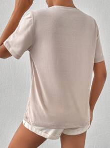 Cloudara T-Shirt With Flower Embroidery At Shoulder, Round Collar - Beige - View 2