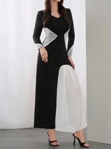 Modelyn Robe longue à manches longues et col en V avec bloc de couleurs pour femmes, robe de soirée élégante pour soirée