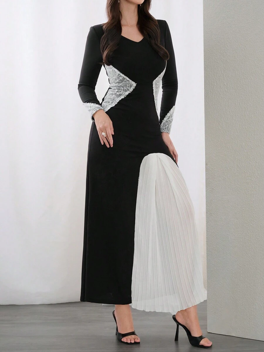 Modelyn Robe longue à manches longues et col en V avec bloc de couleurs pour femmes, robe de soirée élégante pour soirée