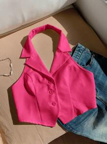SHEIN EZwear Woven Round Neck Women's Suit Blazer In Magenta