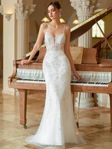 性感美人鱼细肩带 V 领超长晚会礼服白色优雅舞会半正式婚礼宾客礼服，适合生日、毕业典礼、返校节