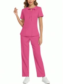 純色短袖上衣和褲子磨砂護士制服套裝，帶領結和口袋，夏季