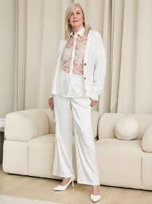 SHEIN LUNE 女式简约纯色日常长袖开衫 - 白色 - 查看 3