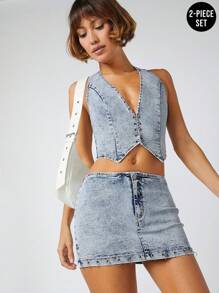 Denimoi 牛仔系带后背上衣和裙子两件套
