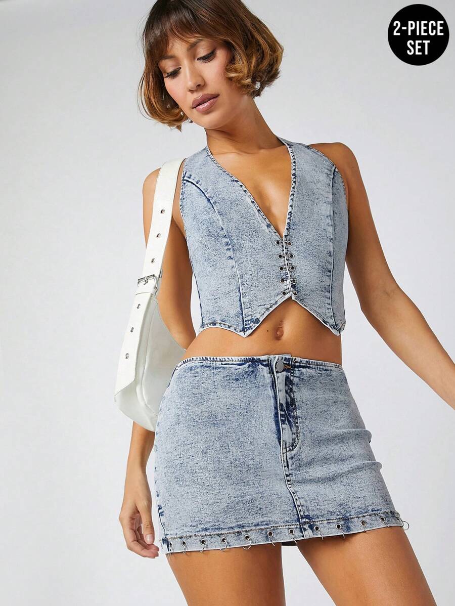 Denimoi 牛仔系带后背上衣和裙子两件套