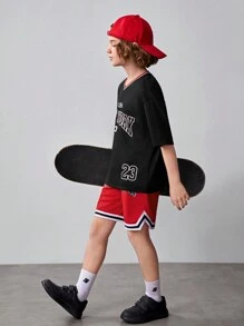 SHEIN 2pcs Tween Boy's Loose Casual Sports Letter Print T-Shirt And Shorts Set - Black - View 3