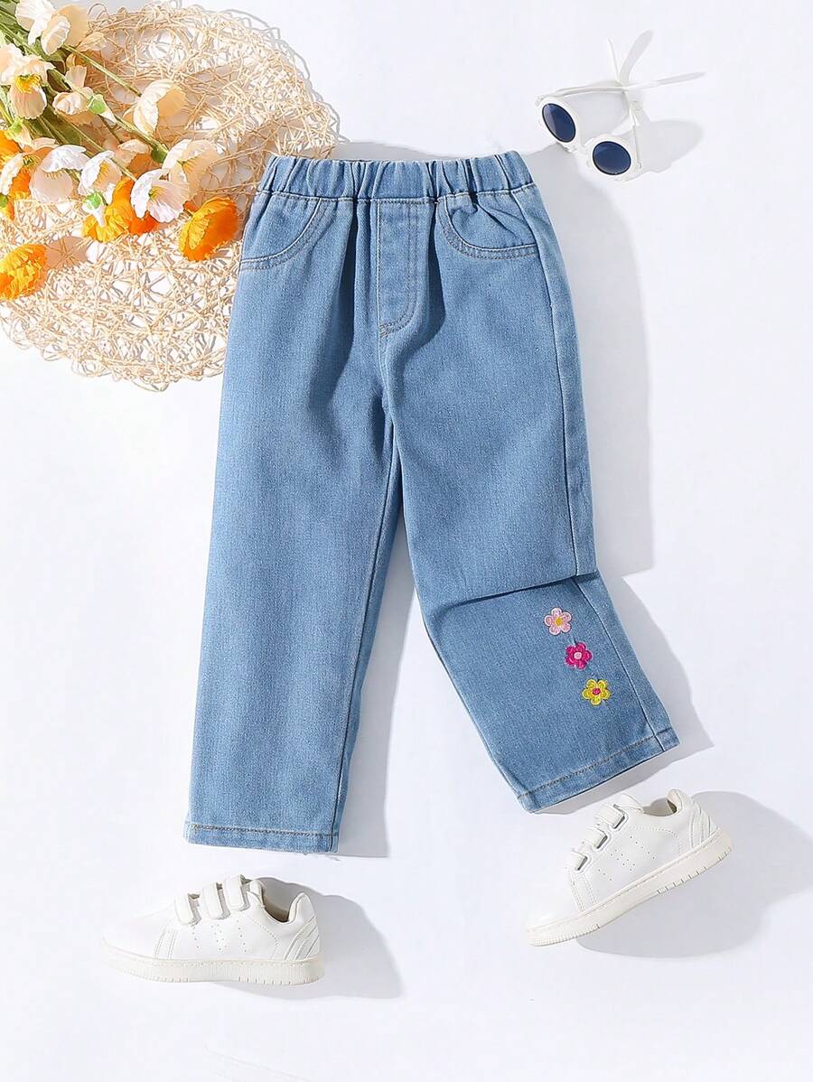 SHEIN Vintaside Kids Young Girl All-Match Washed Denim Jeans With Cute Floral Embroidery, Casual Everyday Wear Summer Holiday - Light Wash - View 1