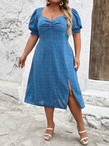 SHEIN CURVE+ Plus Size Floral Print Pleated Bust Waist Cinched High Slit Midi Dress - Blue - View 1