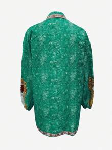 Allover Print Lapel Front Button Casual Vacation Shirt - Dark Green - View 2