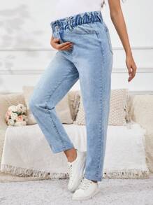 SHEIN Maternity Casual Straight Leg Jeans With Side Pockets & Frill Trim Waist - Light Wash - View 5