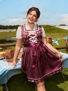 SHEIN Frenchy Plus Size Dirndl German Oktoberfest Flare A-Line Dress - Red - View 3