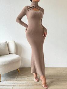 Chiquease Solid Color Long Sleeve Hollow-Out Slim Fit Maxi Bodycon Dress - Khaki - View 3