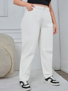 SHEIN Cottnline Plus Size Women Pockets Straight-Leg Casual Versatile Jeans - White - View 6