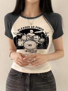 DAZY Áo thun bó in chữ và họa tiết tương phản thường ngày dành cho nữ, áo phông họa tiết mùa hè thời trang học sinh - Xám - Xem 5