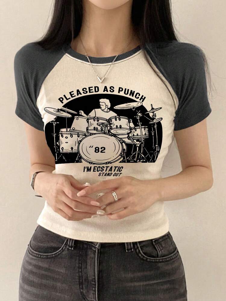 Women's Casual Contrast Splicing Character & Letter Print Tight T-Shirt, Summer Graphic Tee Preppy Tops